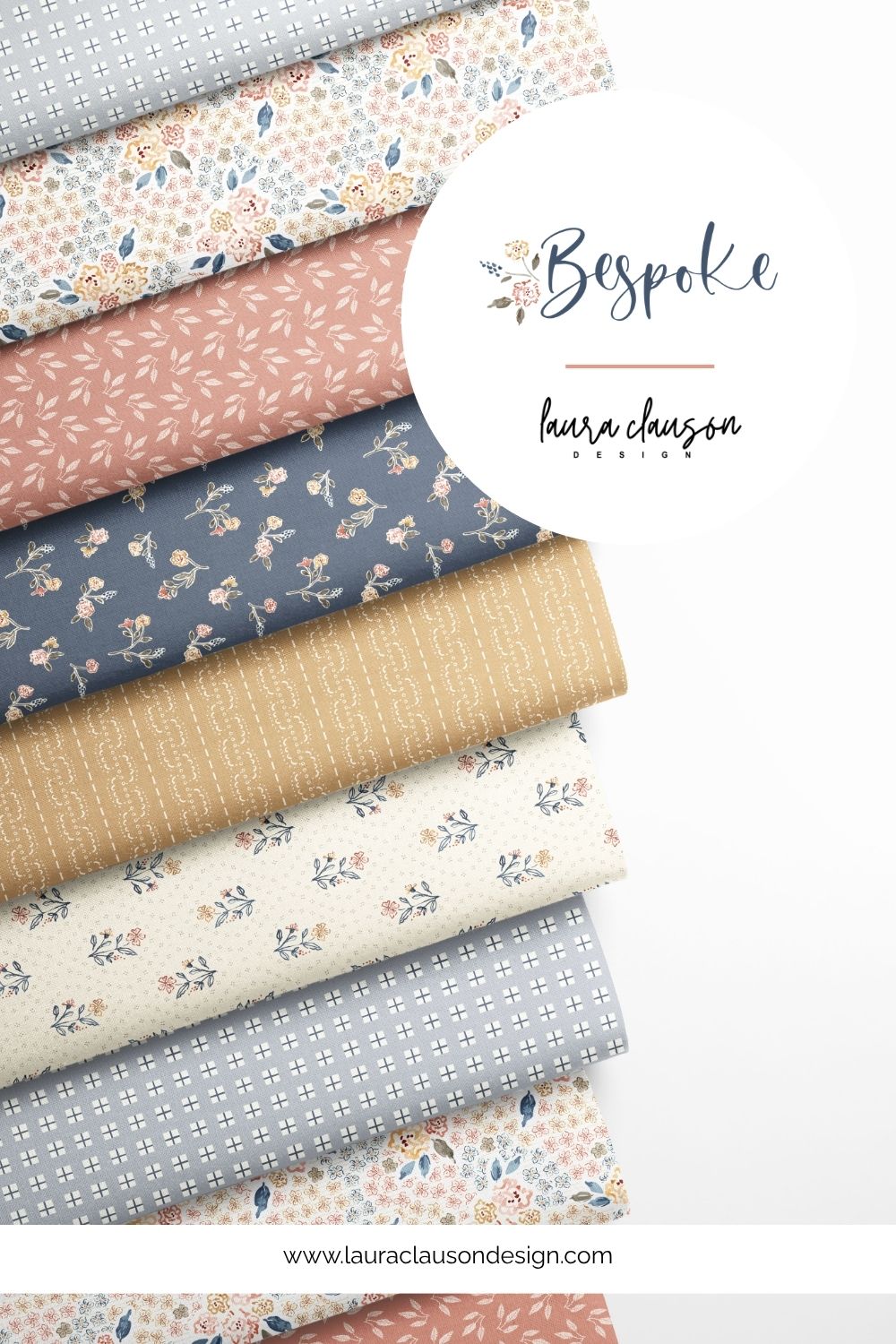 Collection of fabric swatches with floral and textured patterns, branded 'Bespoke Laura Clauson'.