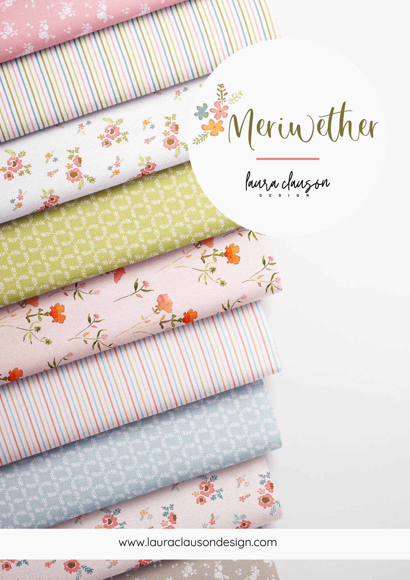 Collection of fabric swatches with floral and striped patterns on a white background, featuring the brand 'Meriwether' by Laura Clauson.