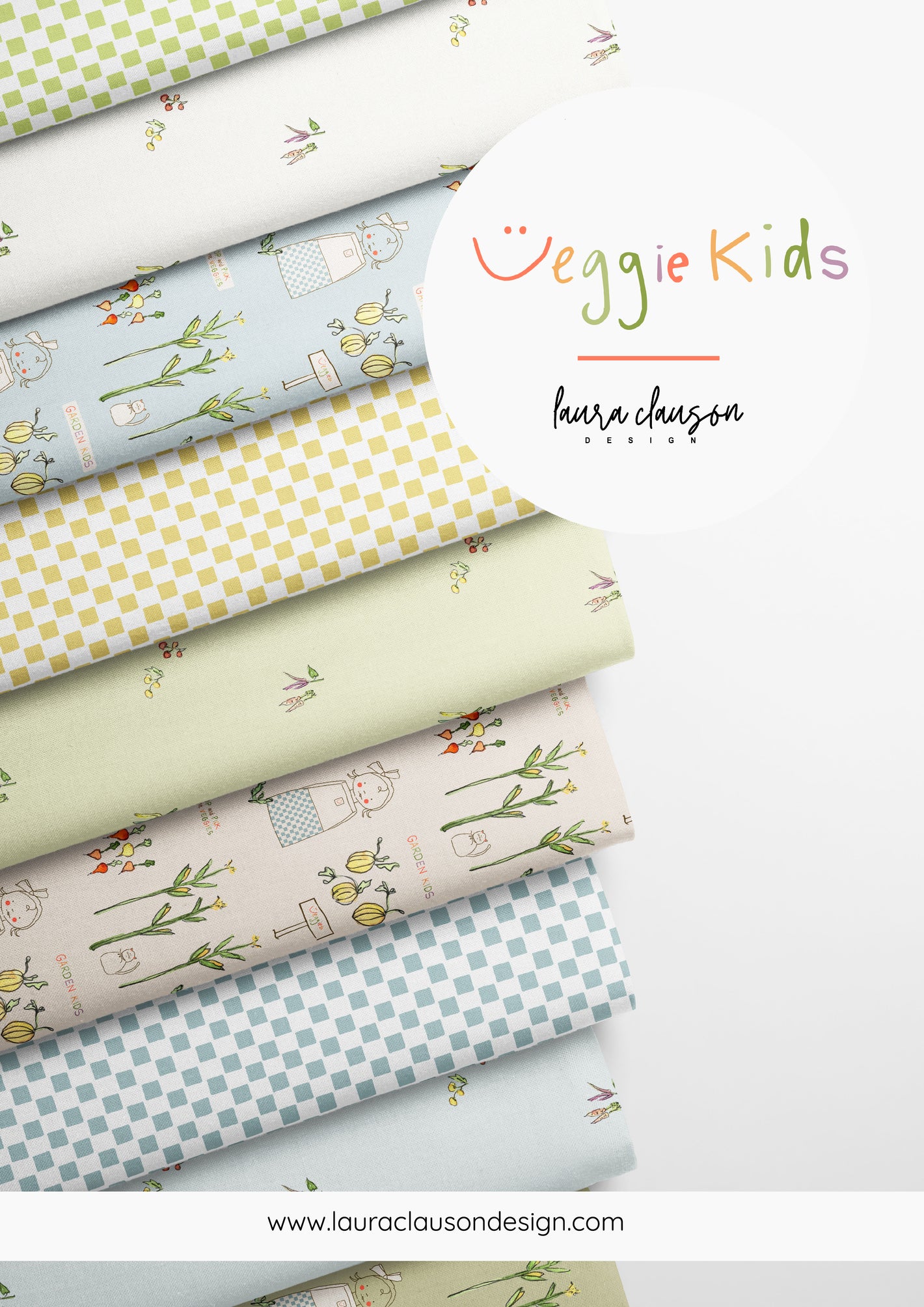 Collection of fabric swatches with 'Veggie Kids' design by Laura Clauson, featuring various patterns on a white background.